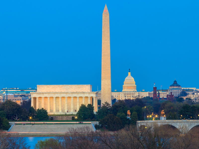 View of the Washington DC skyline, including the Lincoln Memorial, Washington Monument, and U.S. Capitol