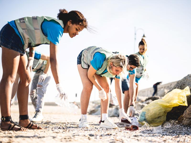 Students clean up a beach after a disaster.