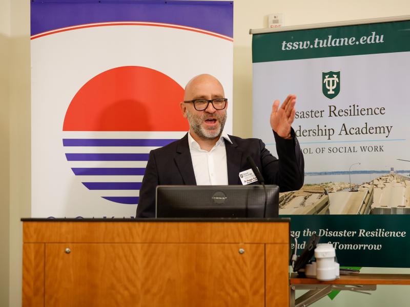 Dr. Reggie Ferreira presents at a Disaster Resilience Leadership panel held in conjunction with Sasakawa USA.