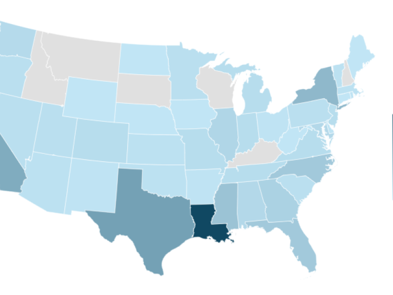 A heat map of the United States indicating where students are from.