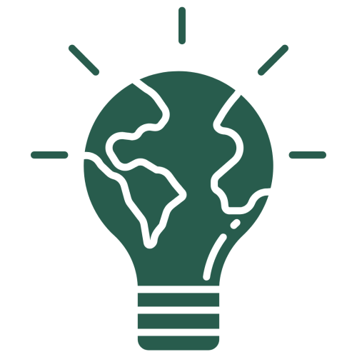 An icon of a lightbulb with a depiction of the globe inside.