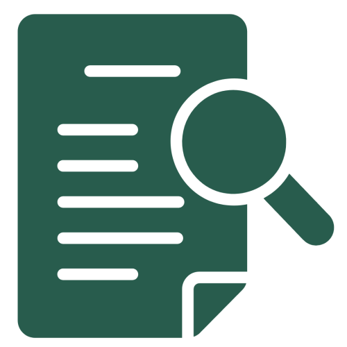 Green icon: Document with magnifying glass.