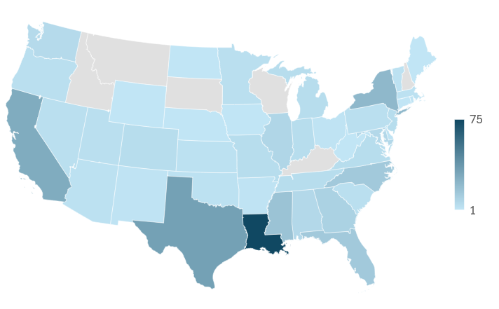 A heat map of the United States indicating where students are from.