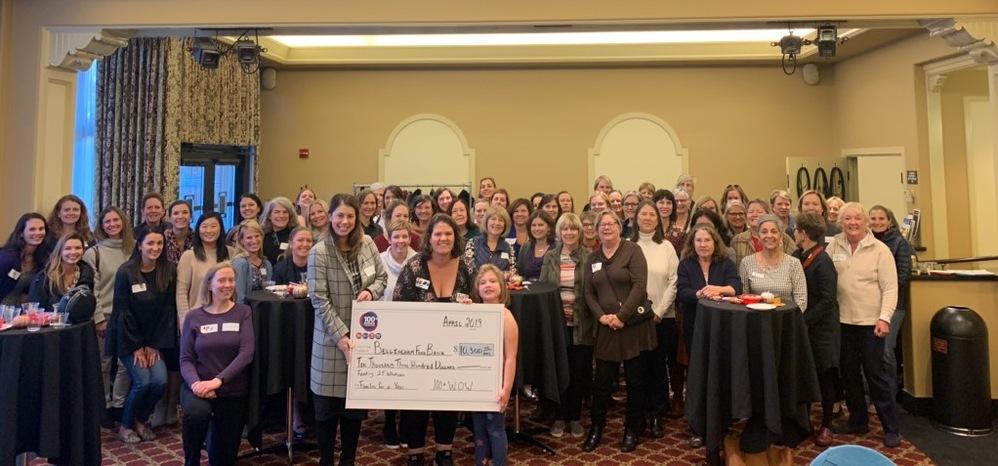 Group photo of women receiving a large donation check for a local Food Bank.