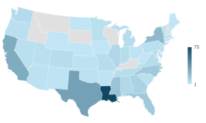 A heat map of the United States indicating where students are from.