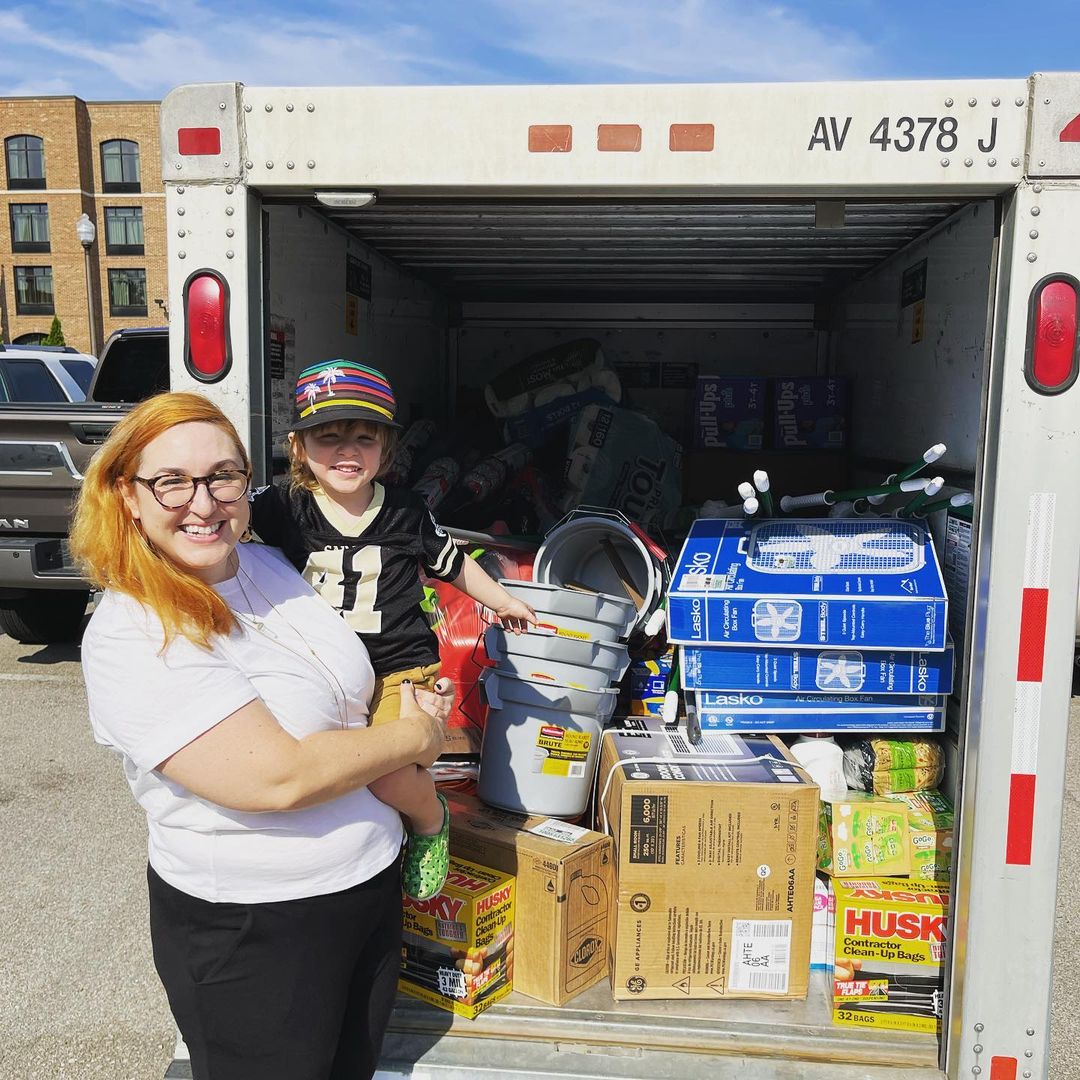 Dr. Poehling and her child Cameron loading up in Memphis to bring supplies back to New Orleans after Hurricane Ida.